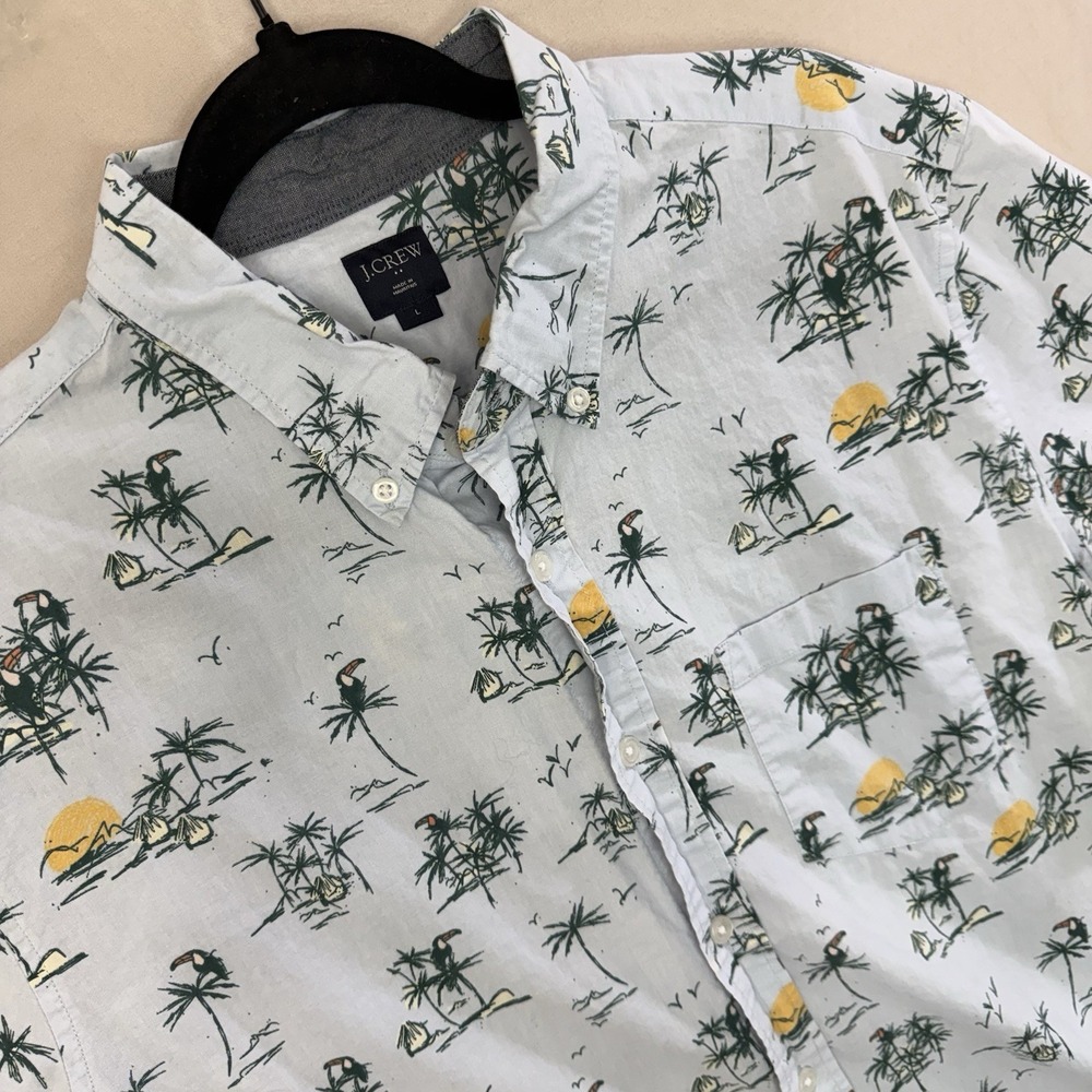 J.Crew Hawaiian Shirt Mens Large Tropical Palm Tree Toucan Button Down